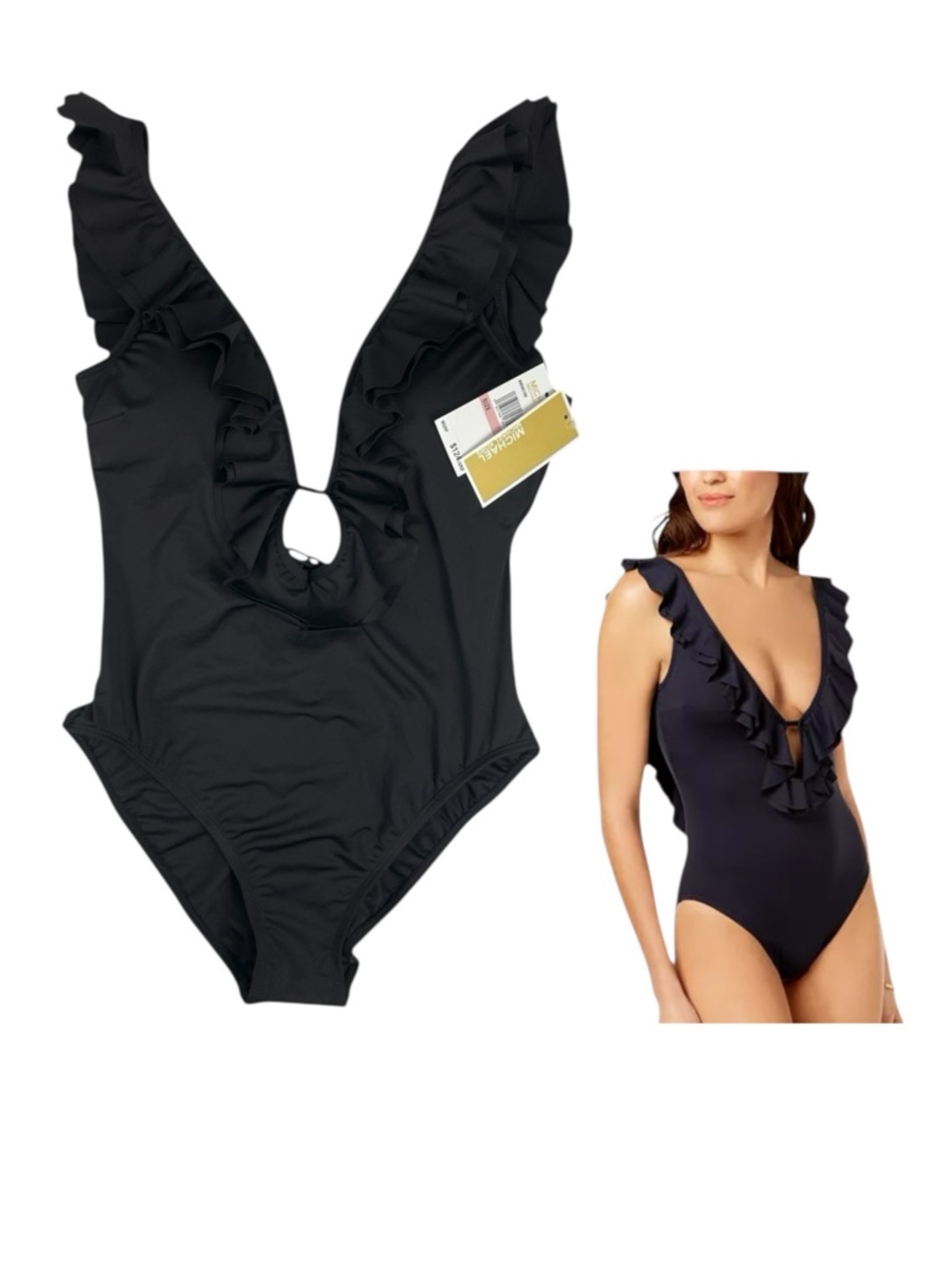 Michael Kors Womens Ruffled Scoop Back One Piece Swimsuit Black Size 10 NWT